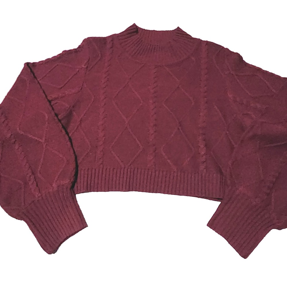 Shein Cable Knit Mock Neck Sweater L Burgundy Crop Balloon Sleeve Boho Pullover